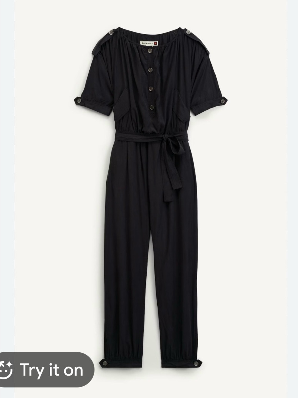 Zara Black Button-Front Short-Sleeve Jumpsuit with Waist Tie